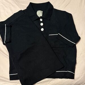 Sioni Sporty Black and White Stripe Knit Polo and Skort Set